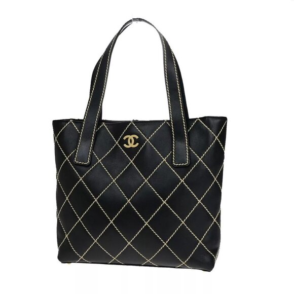 CHANEL CC Logo Wild stitch Shoulder Hand Bag Leather Black GHW Italy - Picture 1 of 16